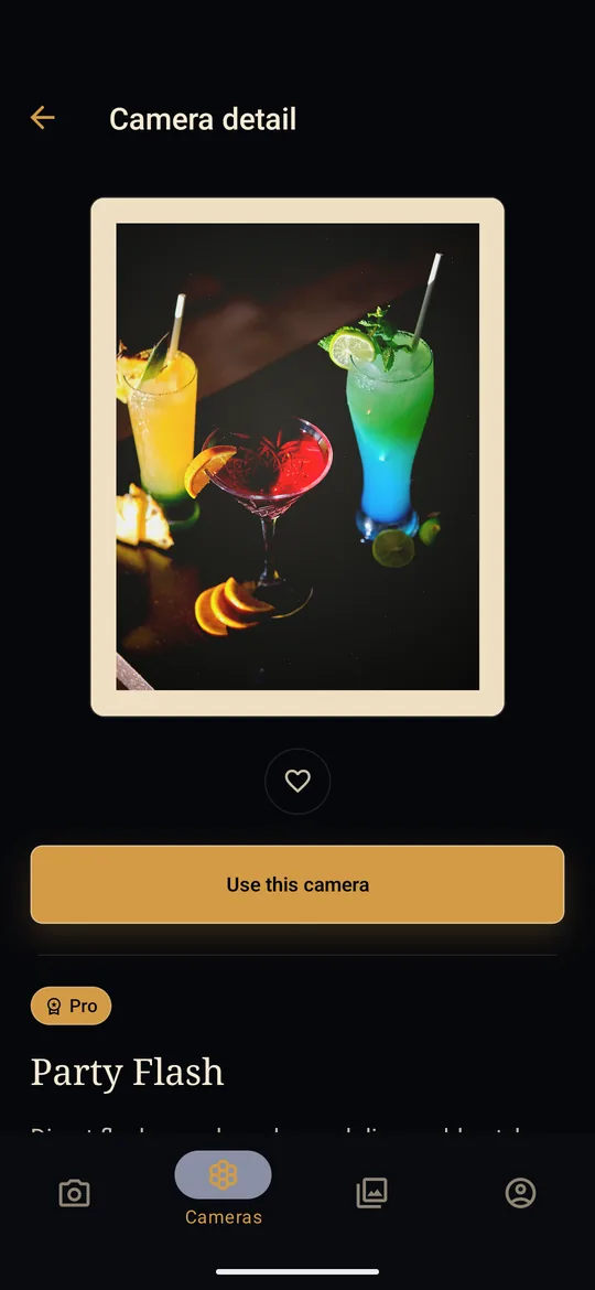 Party Flash camera detail with a cocktail photo developed in the app