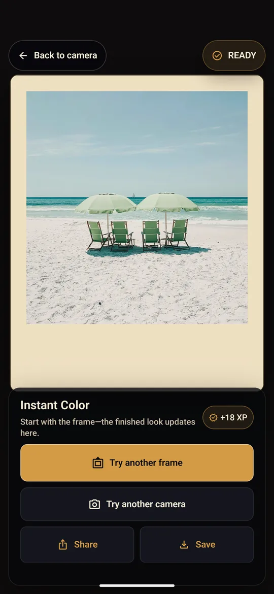 A finished Instant Color beach photo in a warm instant frame, ready to share